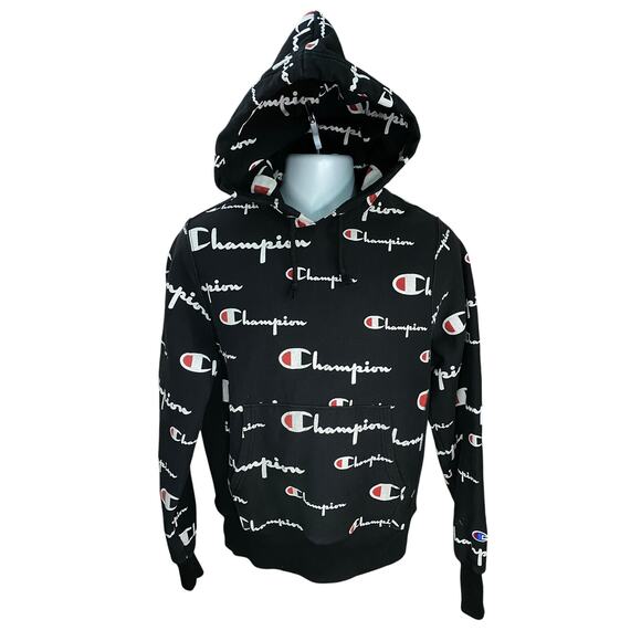 Champion Reverse Weave All Over Logo Pullover Hoodie Iconic Classic Sweatshirt - Picture 1 of 9
